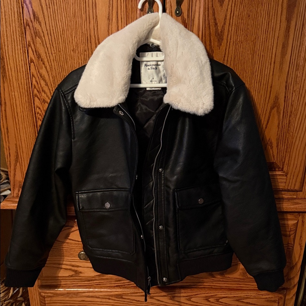 Abercrombie & Fitch Black Vegan Leather Jacket with White Collar